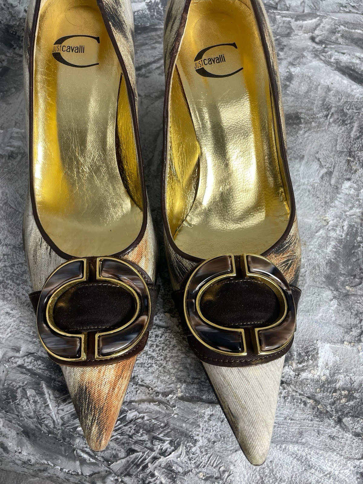 Vintage Just Roberto Cavalli 00s Animal Fur Pattern Buckle Archive Heels 38 Y2K