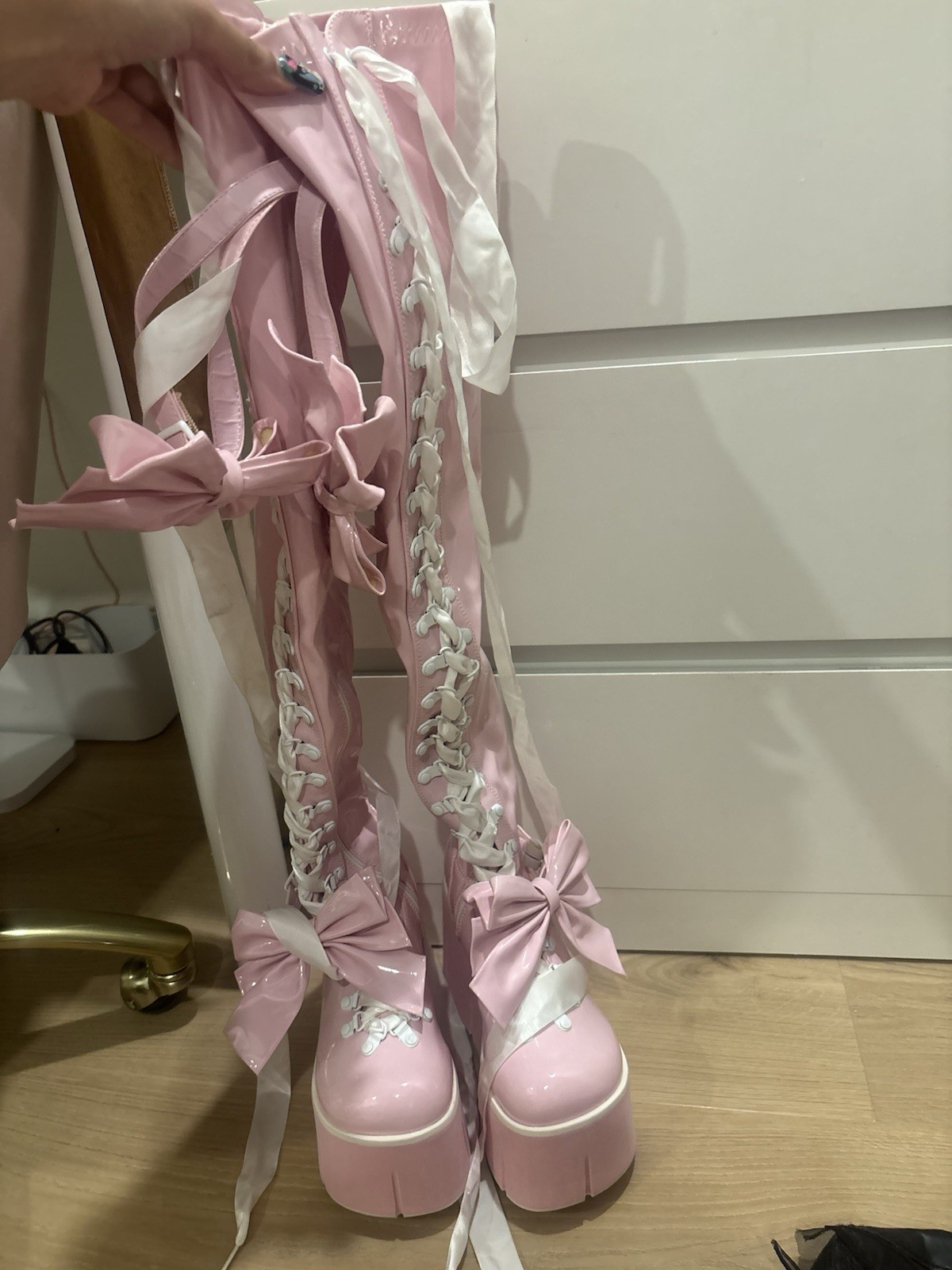 Women’s Pink thigh-High Lace-Up Platform Boots Round Toe w/ Bow Ribbon