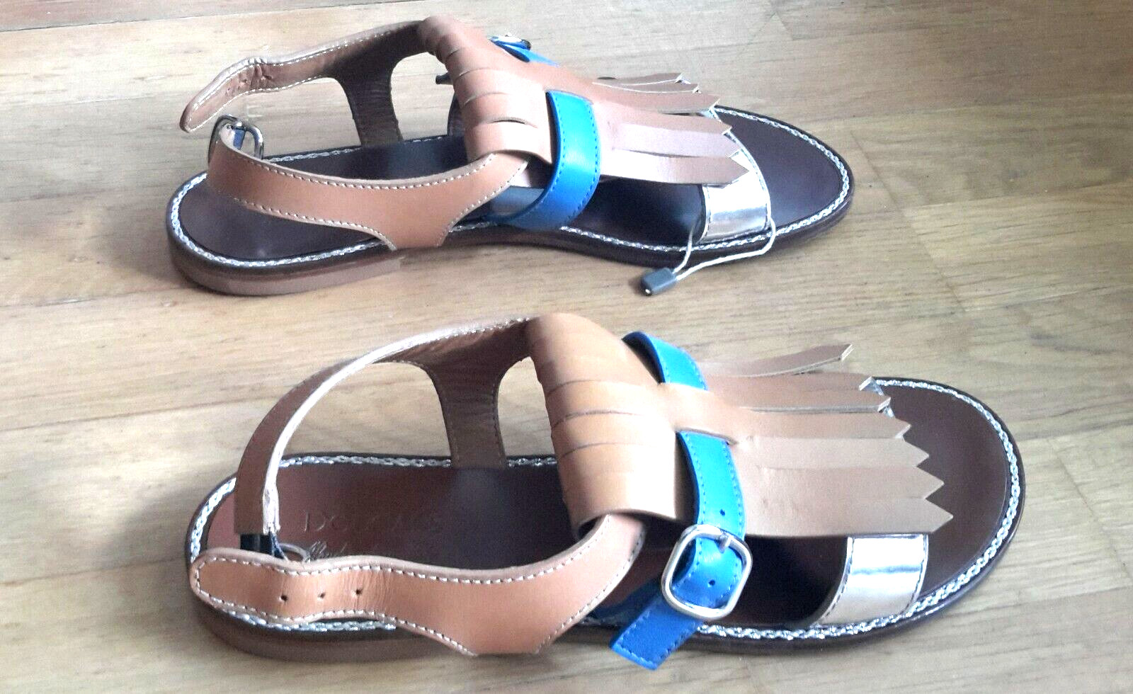 NEW DOUCAL’S LUXURY ITALIAN DESIGNER sandals moccasin tan blue silver IT35 US5 3