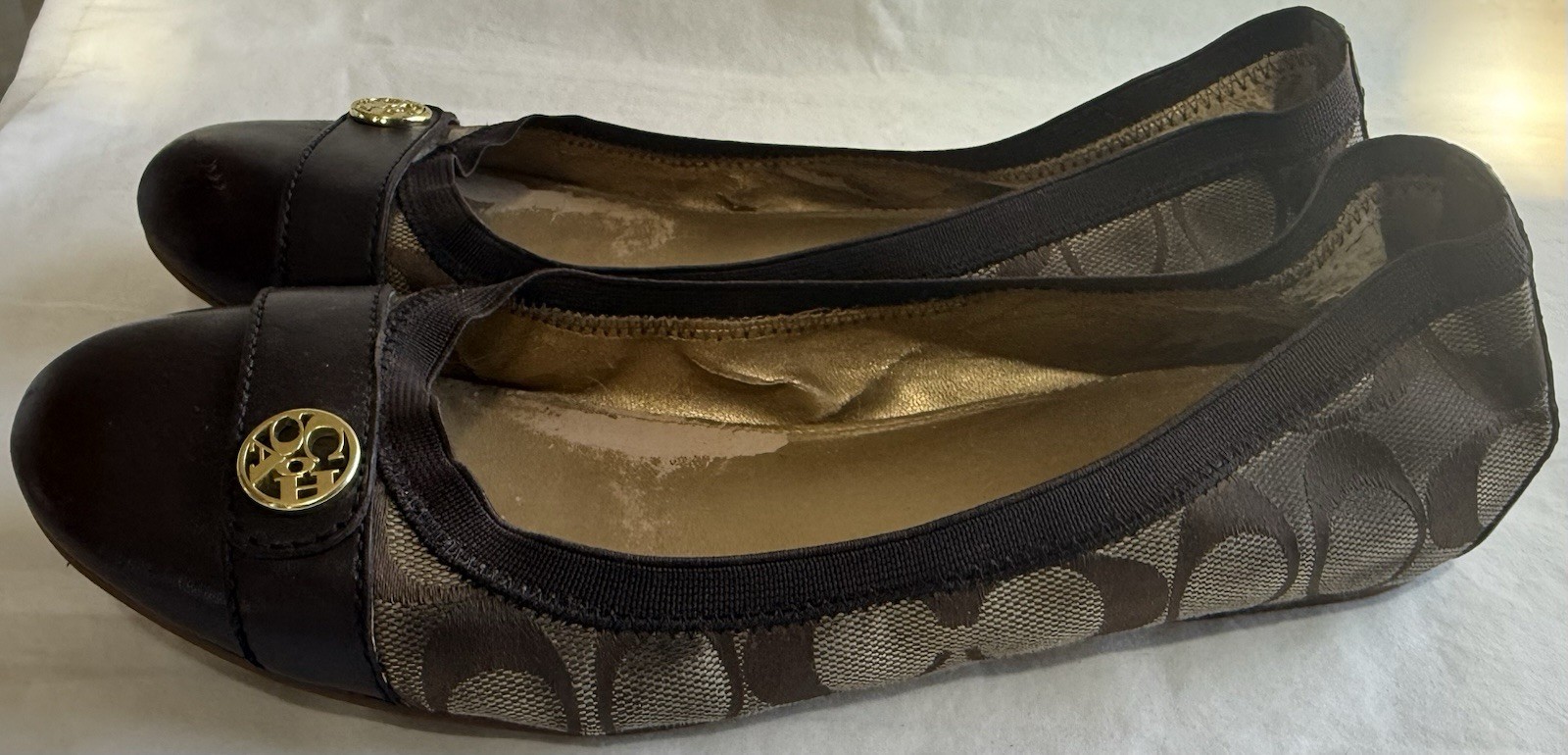 COACH Chelsey Ballet Flats Brown Signature Canvas Leather Cap Toe Women’s Sz 10