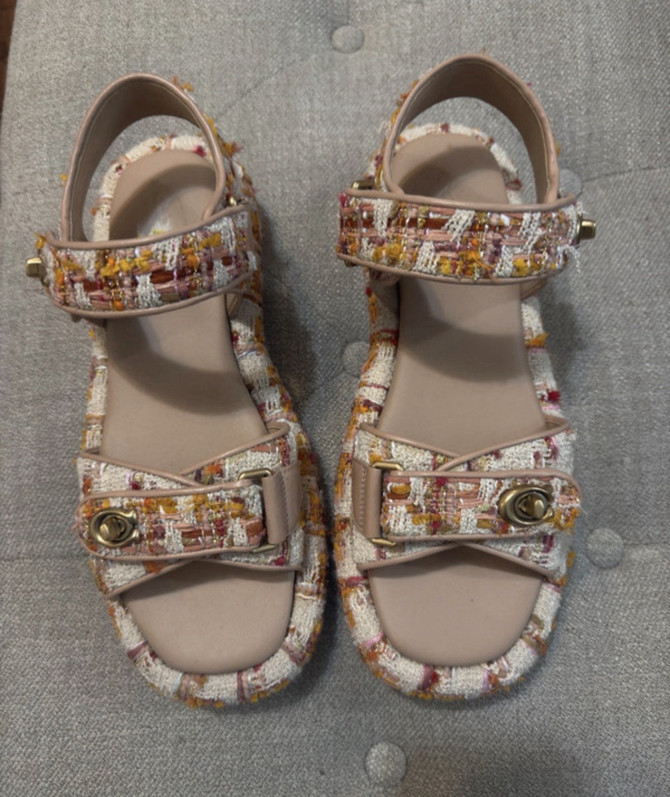 Coach Multicolor Tweed & Leather Strappy Flat Ankle Strap Sandals 8.5