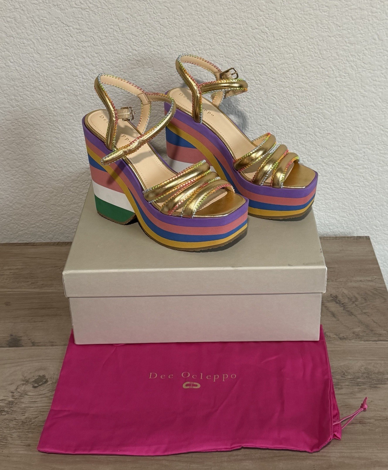 Dee Ocleppo Multicolor/Gold Striped Leather Platform Sandals Ankle Strap 6