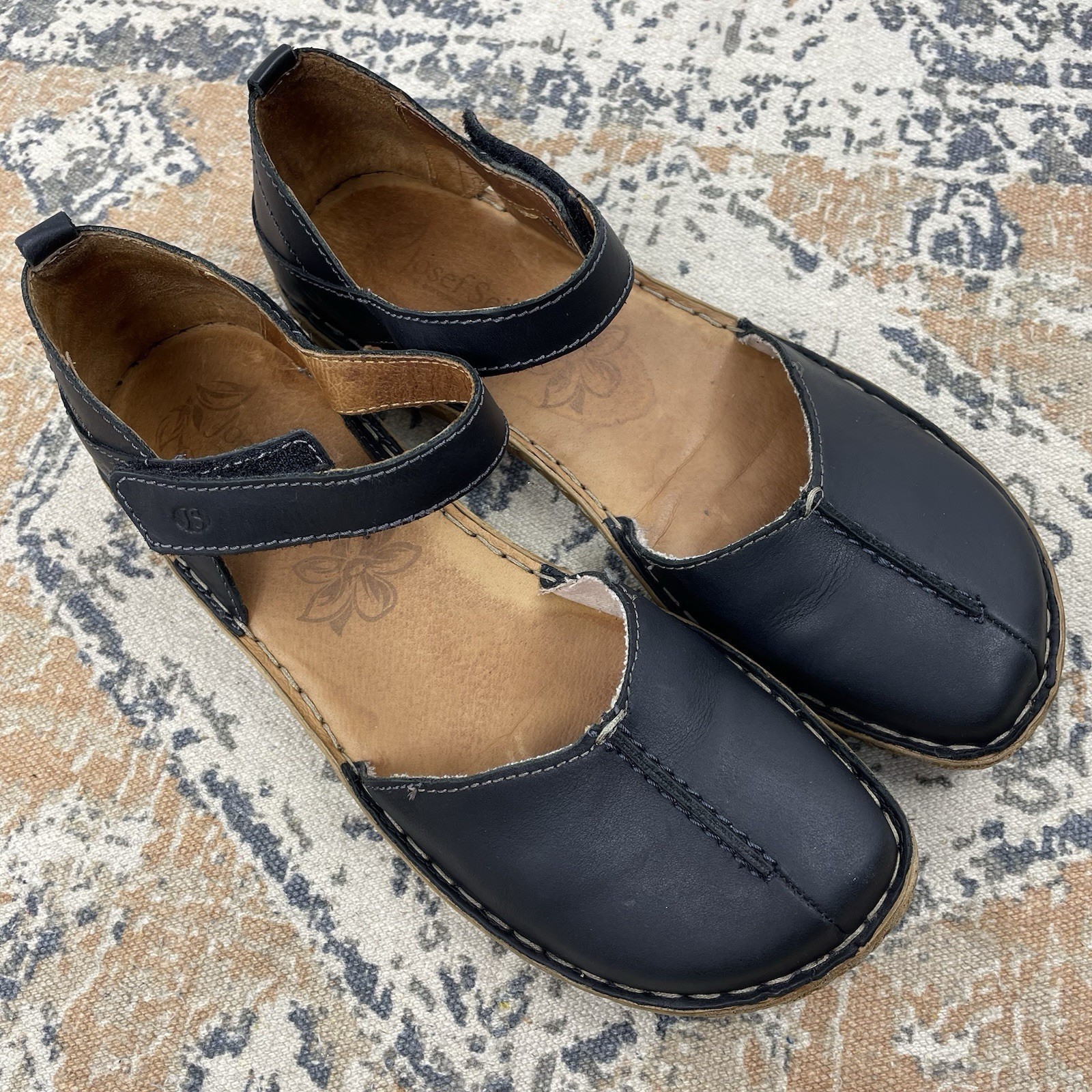 Josef Seibel Rosalie 39 Black Leather Mary Jane Comfort Sandals Hook Loop EUC
