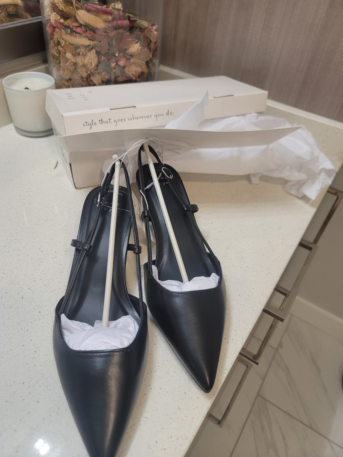 A New Day Annette Black Slingback Kitten Heel Pointed Toe Pumps Womens 9.5 W New