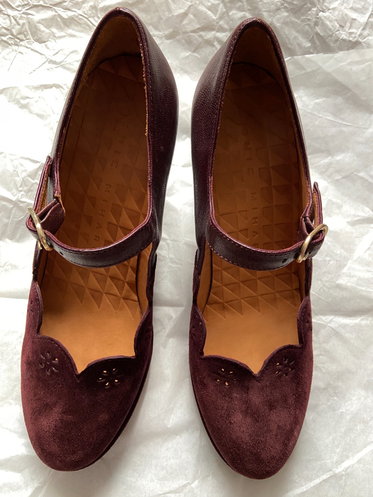 CHIE MIHARA VINTAGE SHOES SUEDE LEATHER IN BURGUNDY SCALLOPED FRONT 37 SPAIN
