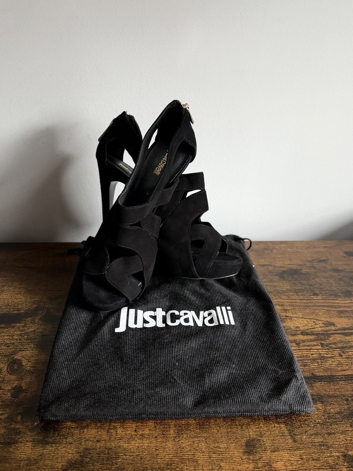 Just Cavalli Black Suede Strappy Stiletto Open Toe Heels Gold Zipper. Size 39