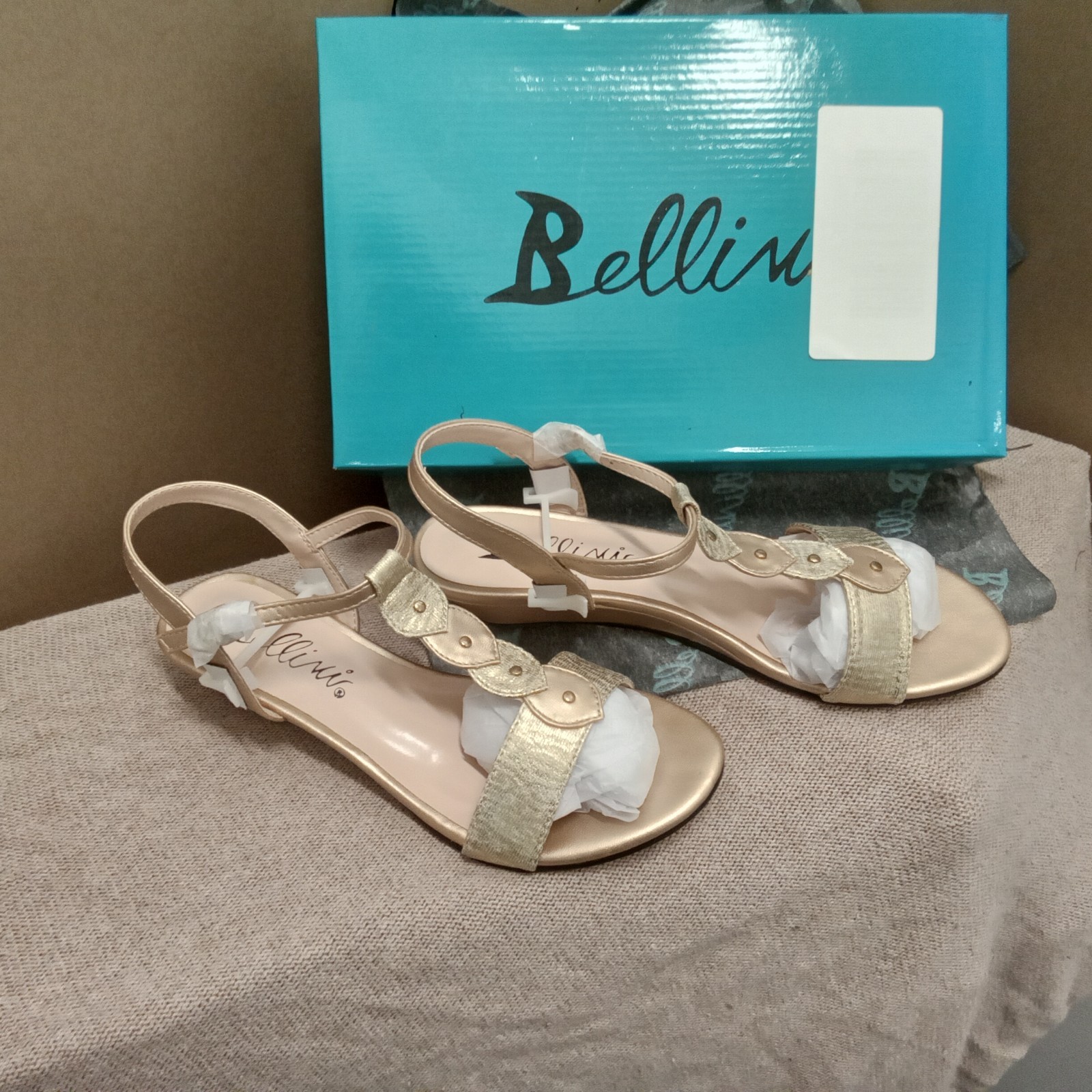 NIB Gold Metallic Womens Bellini Wedge Sandals Size 6 M