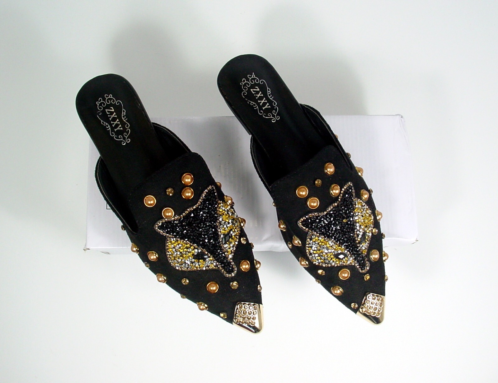 Black Fox Print Slip-On Loafers Sparkling Rhinestones & Pearl Embellishments