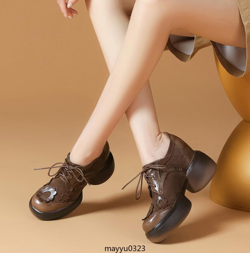 Womens Floral Lace Up Leather Mid Chunky Heel Round Toe Platform Casual Shoes