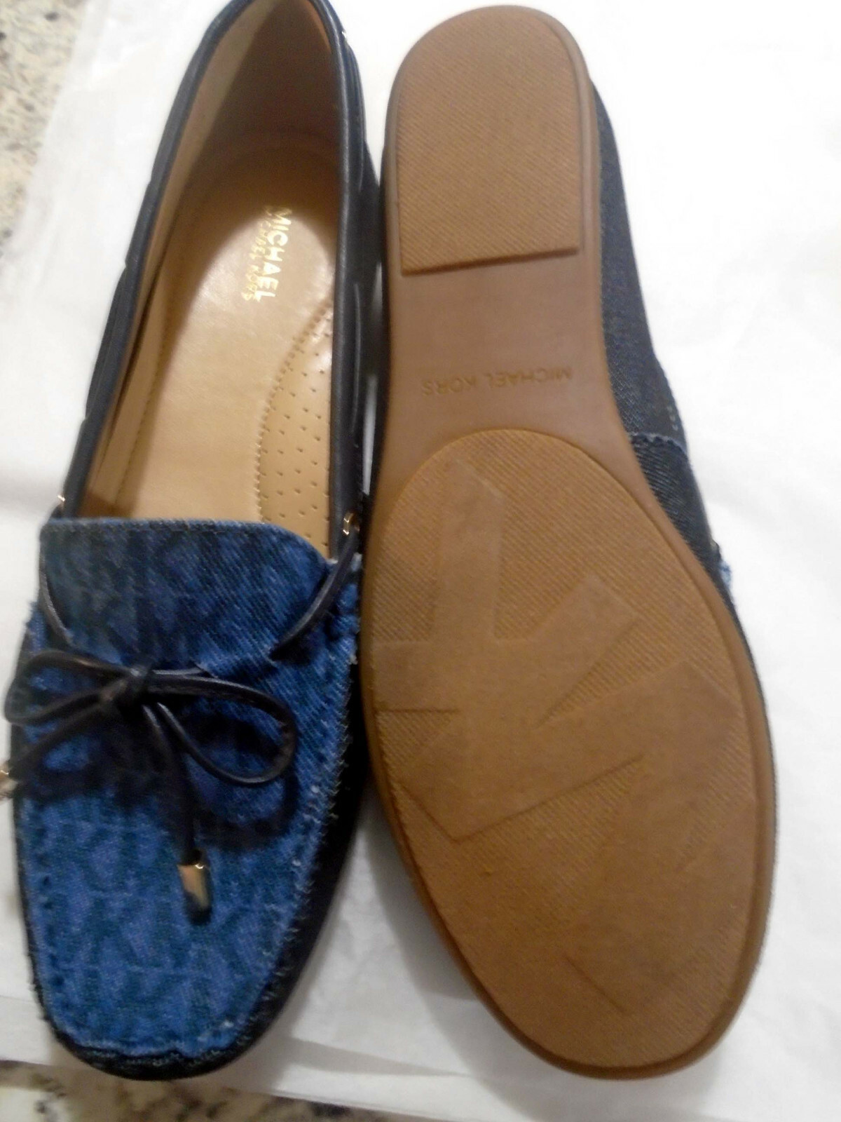 Michael Kors Lillie Brown or White MK Sutton Moc Denim or Gold Leather Flats