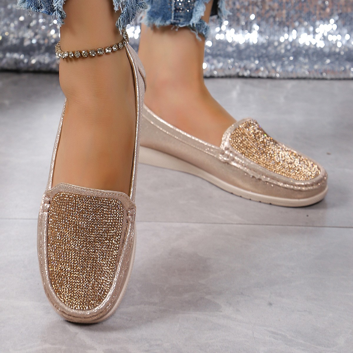 Men’s Loafers Flat Glitter Rhinestone Round Toe Causal Mary Janes Shoes Slip On