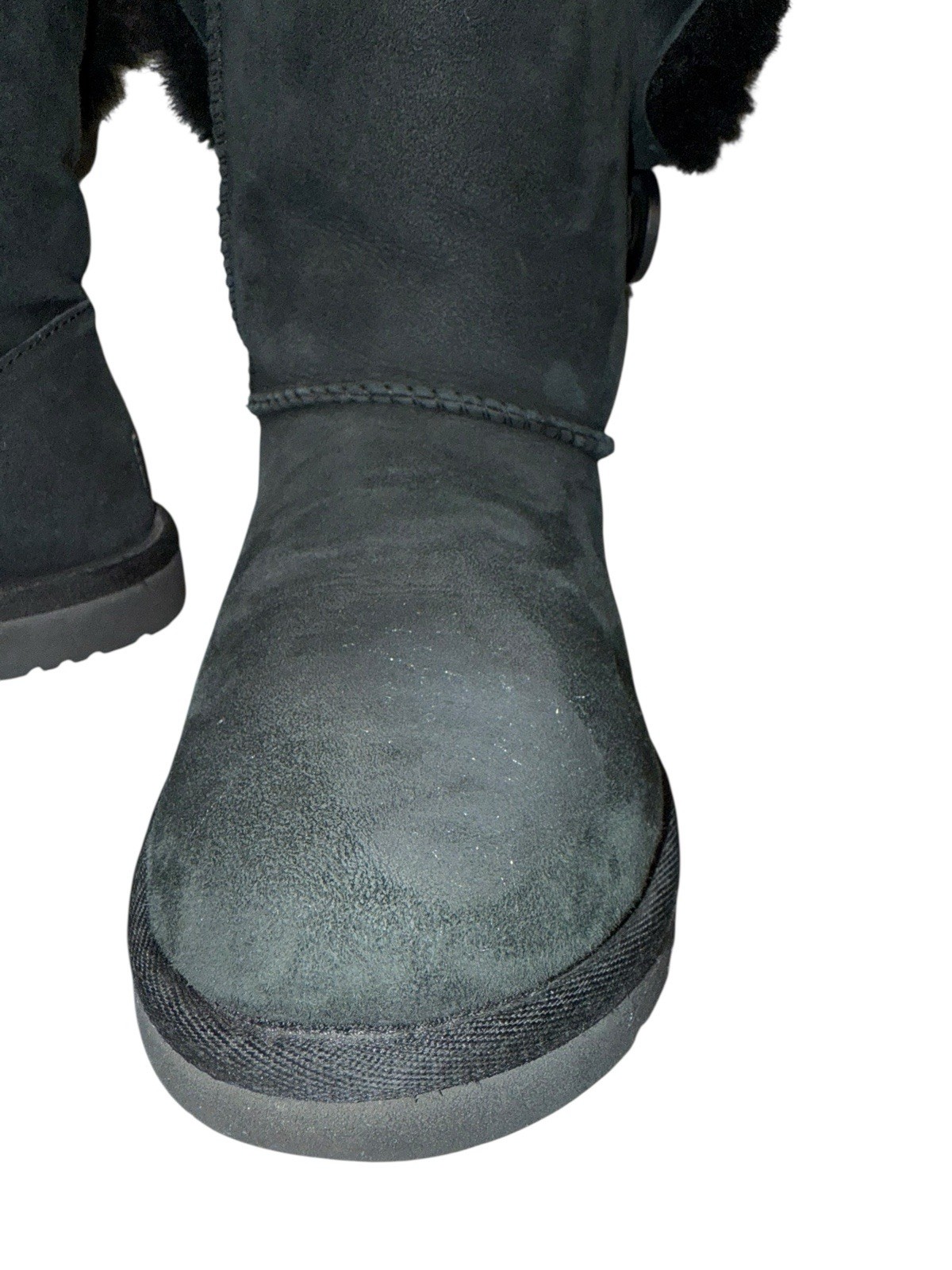 UGG Australia Mini Bailey Button II Logo Sheepskin Boots Black Women’s Sz 7