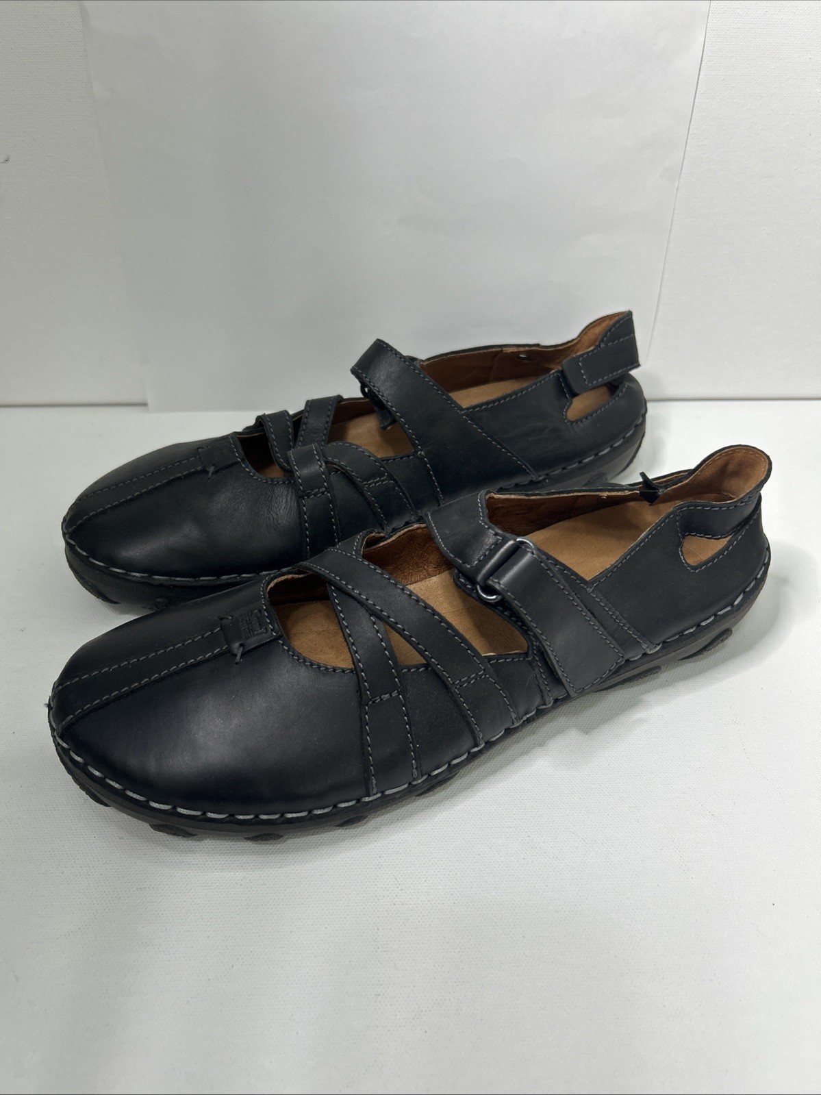 New Josef Seibel Black Leather Shoes 11 Hook & Loop Strap