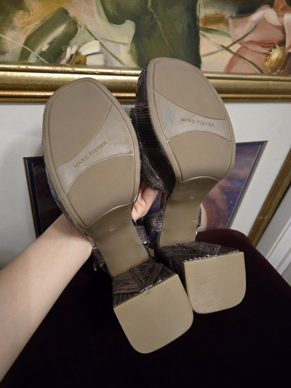 Marc Fisher Women’s Seleny Metallic High Block Heel Platform Sandals Size 9