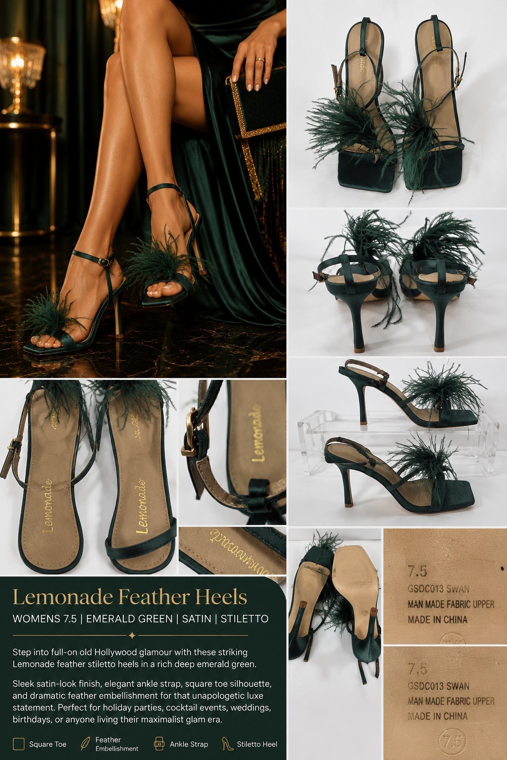 Lemonade Feather Heels Womens 7.5 Green Satin Ankle Strap Stiletto Party Glam…