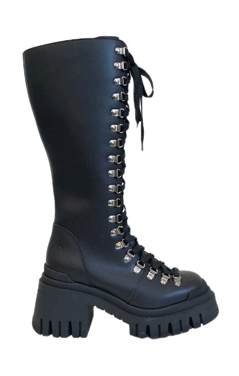 Altercore Cora Vegan Leather Knee High Boots Black Size EUR-37 Lace-up Platform