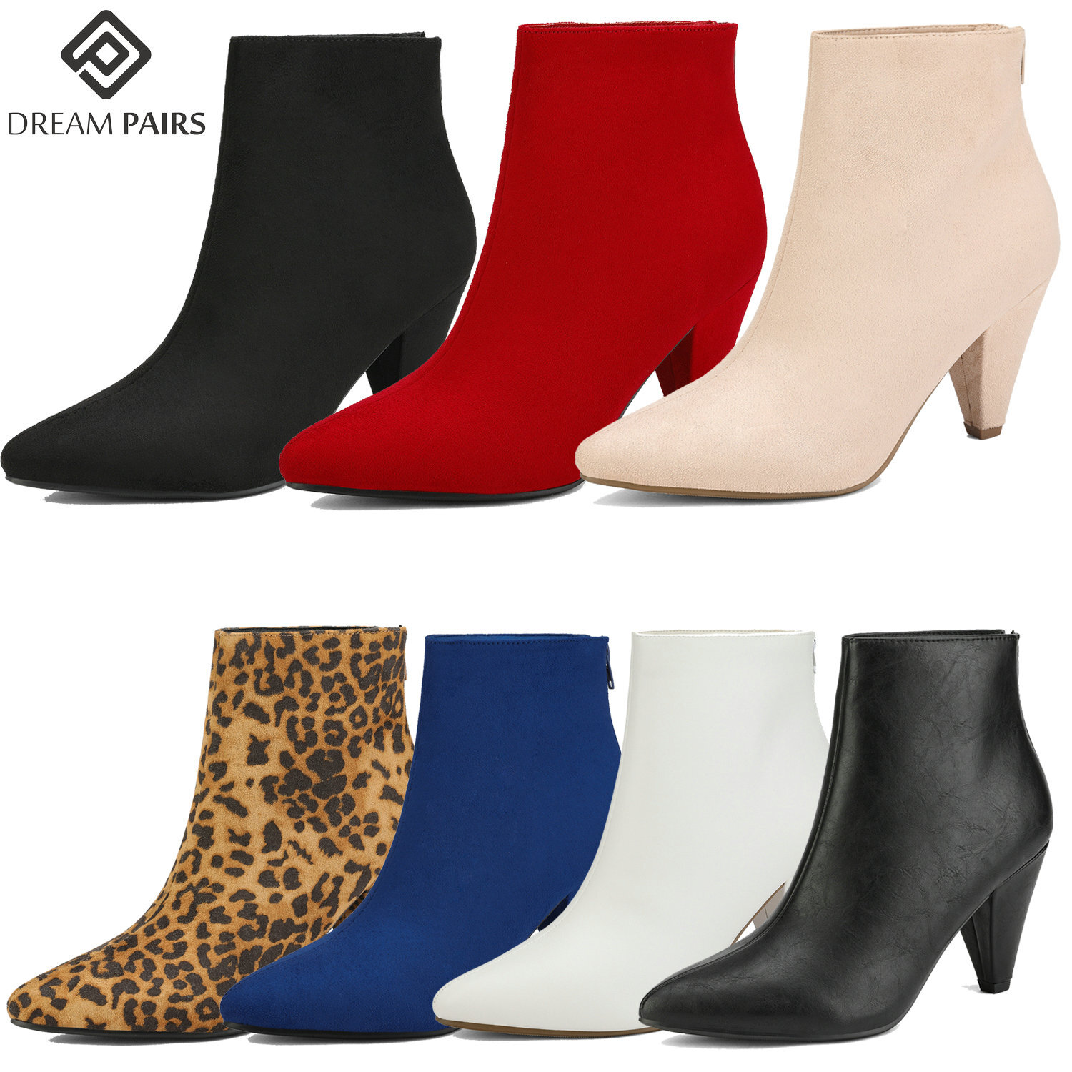 DREAM PAIRS Women Ankle Boots Low Heel Back Zipper Pointed Toe Fashion Boots