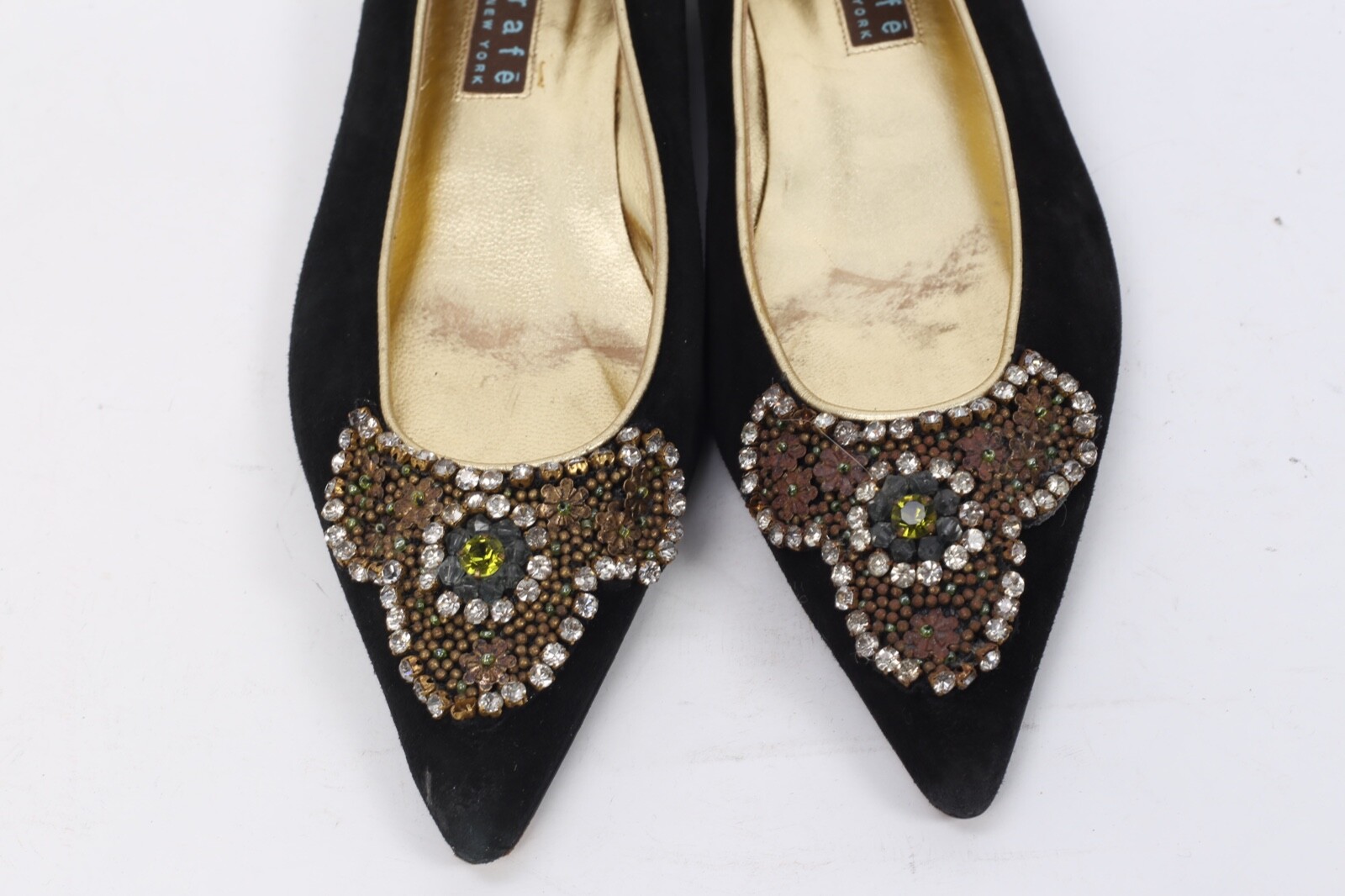 Vintage Rafe Brown Suede Beaded Rhinestone Pointed Toe Flats Boho Evening 38