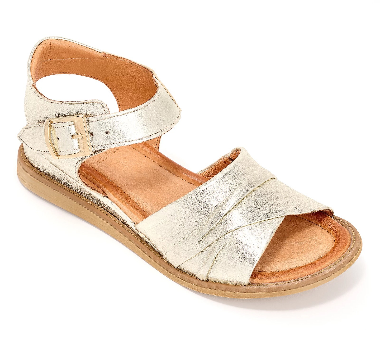 Miz Mooz Leather Adjustable Low Wedge Sandals Haley Gold EU 40W (US 9W)