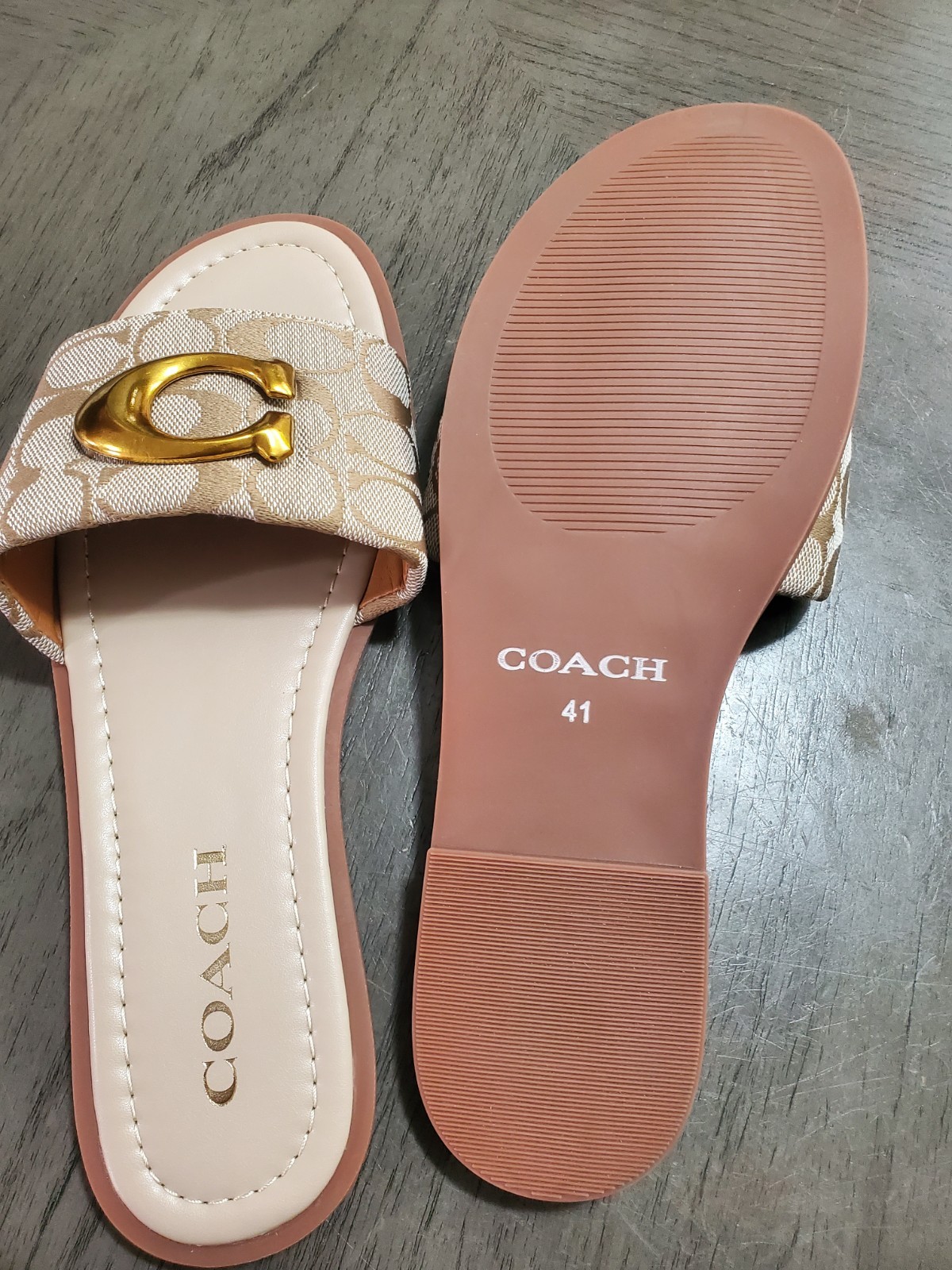 Coach Women’s Beige/Gold Leather Signature Logo Slide Sandals US 10