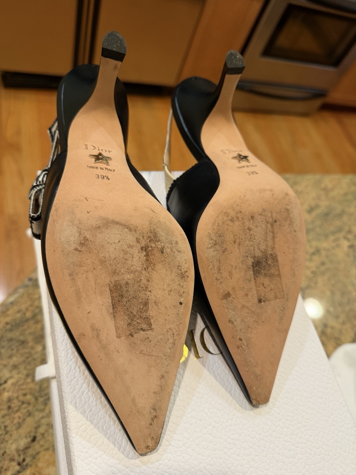 Dior Black Leather Pointed Toe Slingback Kitten Heels Logo Straps EU 39.5