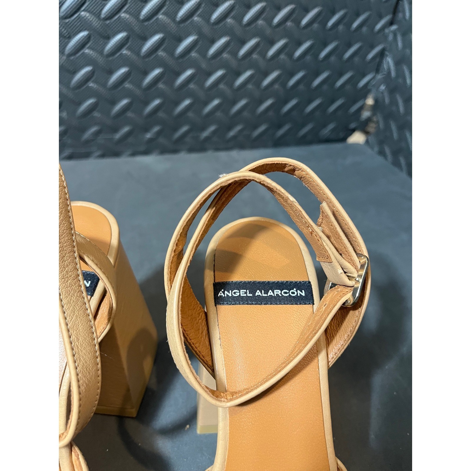 Angel Alarcon Platform Heels Womens 37 Tan Leather Square Toe Ankle Strap Spain