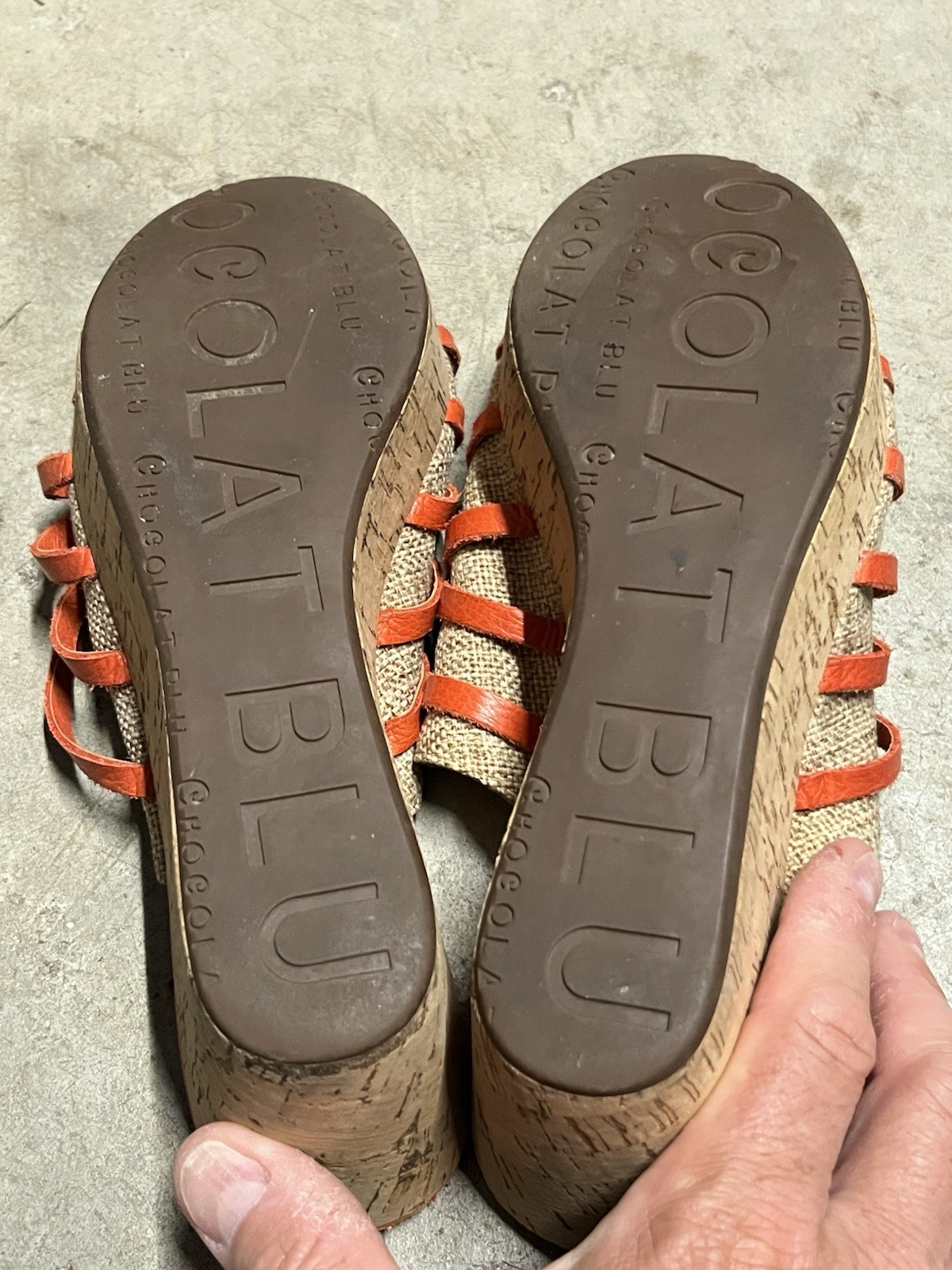 RARE Chocolate Blu Wapi orange & beige woven textile leather wedge sandals 8 M