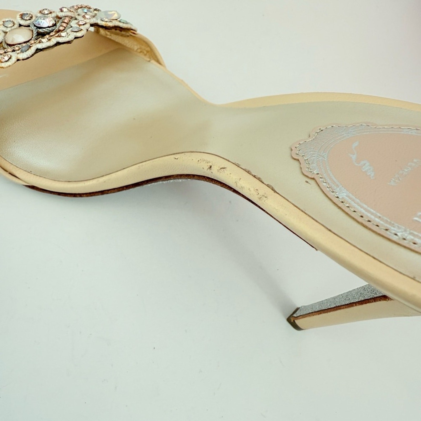 Rene Caovilla Beige Multicolor crystal embellished Wrap around ankle heels 39.5