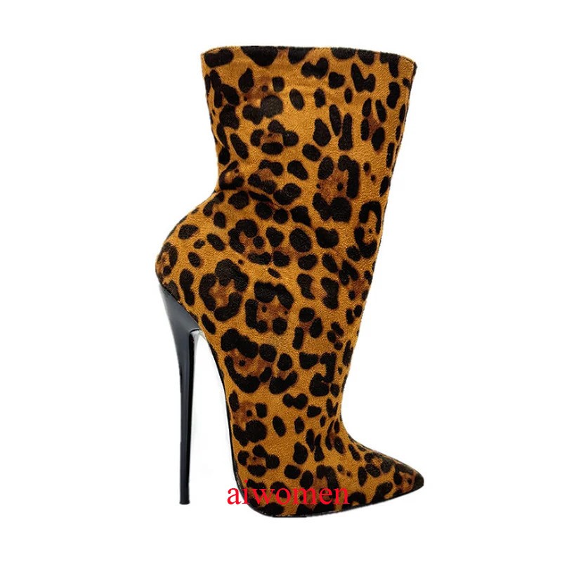 Women 16cm High Heels Ankle Boots Pointed Toe Short Boot Side Zip Booties Shoes