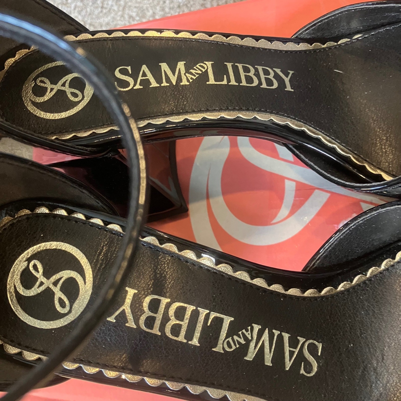 Sam and Libby Leanne Black Patent Block Heel Ankle Strap Sandal 6.5 NIB Orig $70
