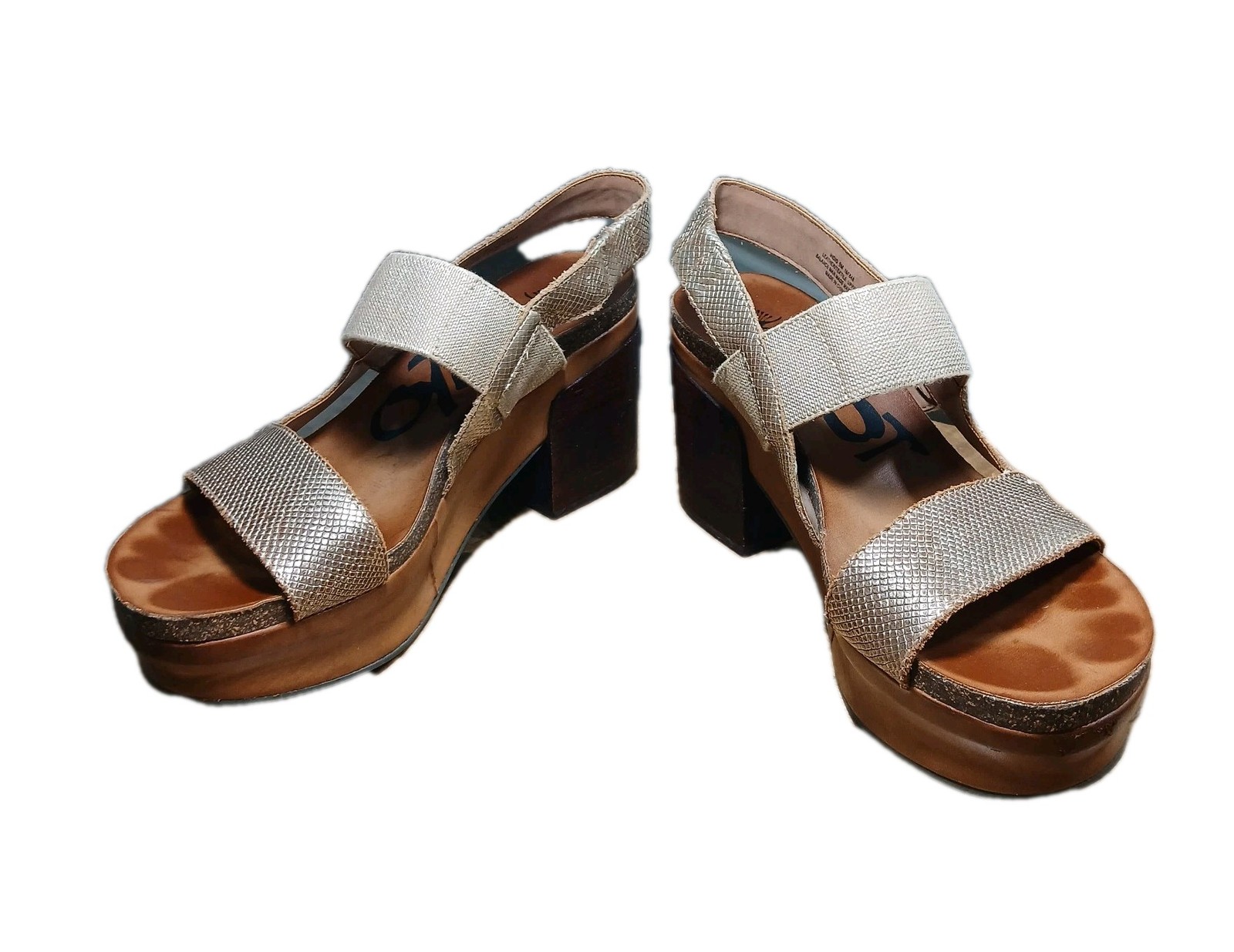 ​OTBT Indio Platform Sandals Womens 9M Gold Metallic Textured Leather Wood Heel