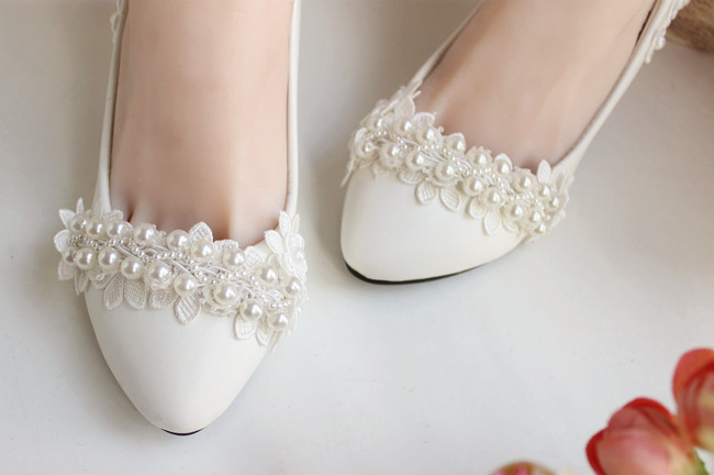 Ivory Pearl Flower Wedding Lace Prom Bridal Bridesmaid Flat High Low Heels shoes