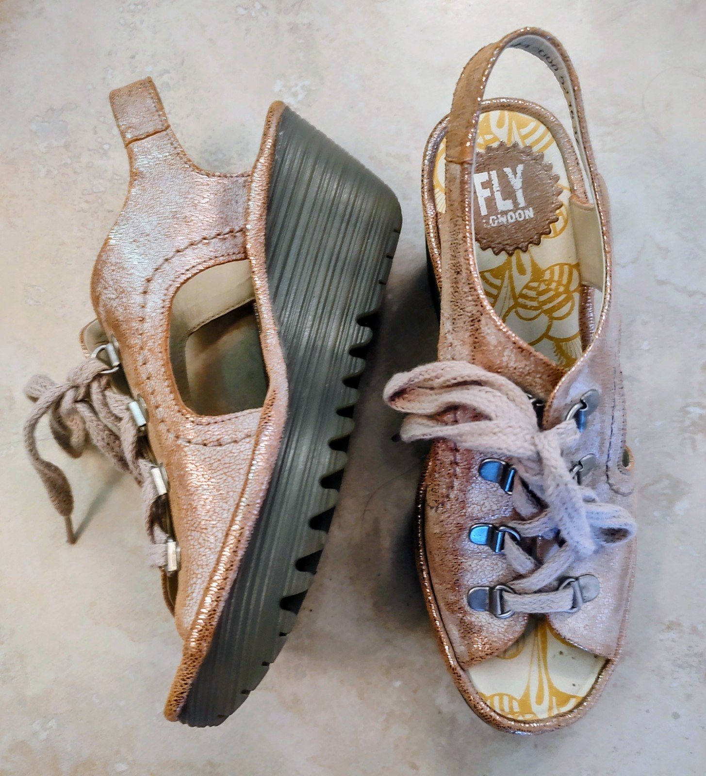 Fly London Platform Wedge Designer Leather Shoes Golden Metal Portugal