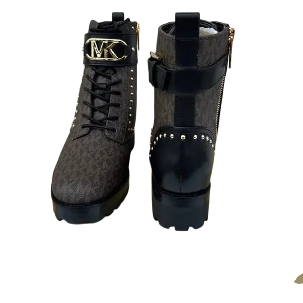 Michael Kors Kincaid Logo Studded Combat Boot Brown/Black 6/6.5/7/7.5/8/8.5/9