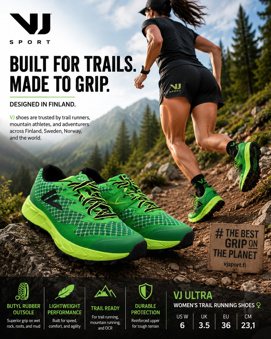 VJ Ultra Trail Running Shoes 6W 4.5Y Green Butyl Rubber EU 36 Finland New