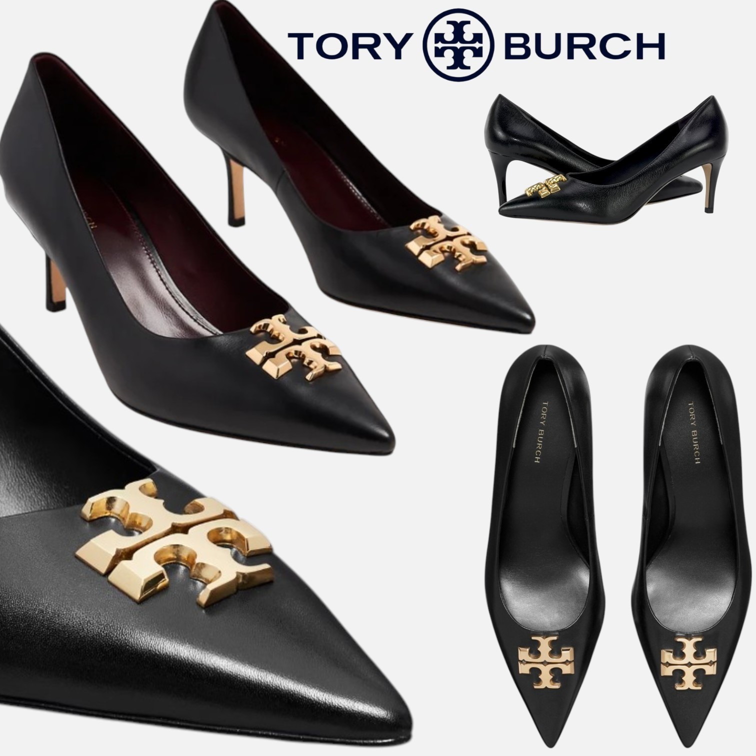 Tory Burch Eleanor 65 Pumps Black Leather Gold Logo Pointed Toe Heels Size 6.5