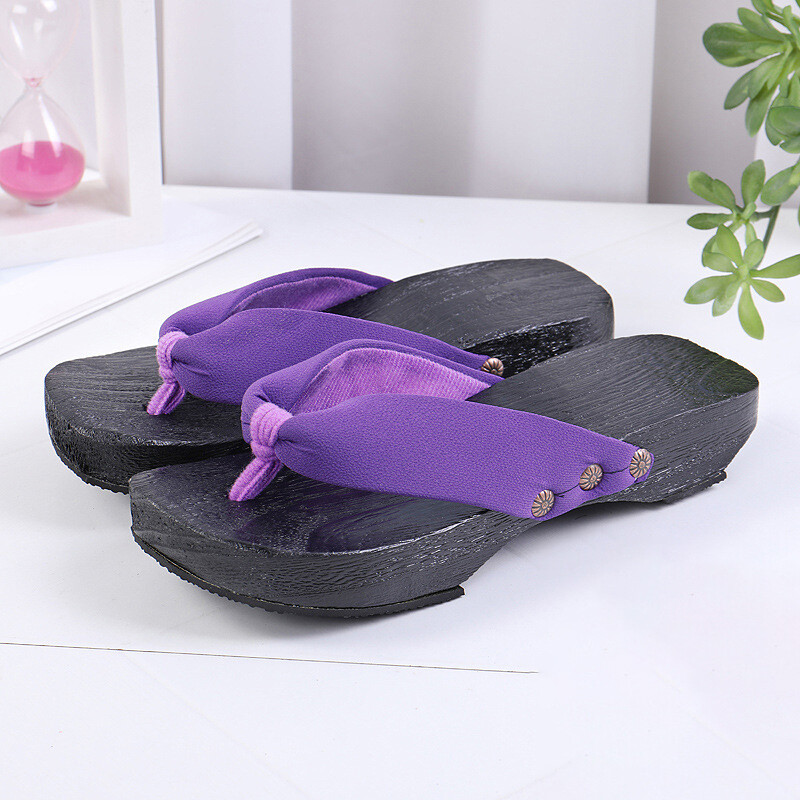 3.5cm Heel Geta Japanese Clogs Slippers Wooden Flip-flops Soild Color Costume US