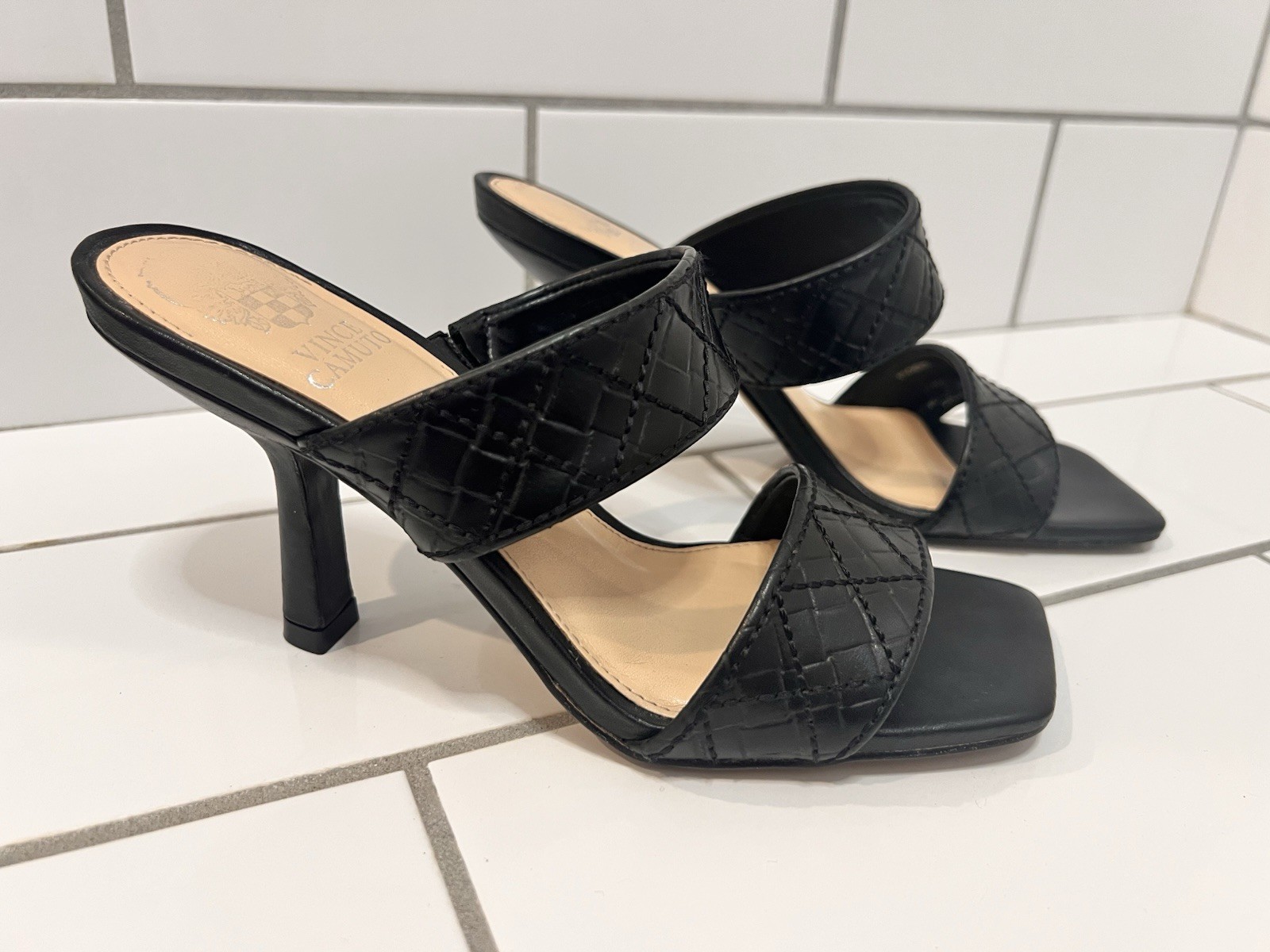 Vince Camuto Aslee Black Quilted Leather Square Toe Heeled Mule Sandals