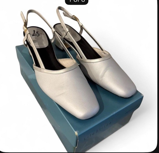 LifeStride Women’s Silver Leather Slingback Square Toe Block Heel Pumps 9 M