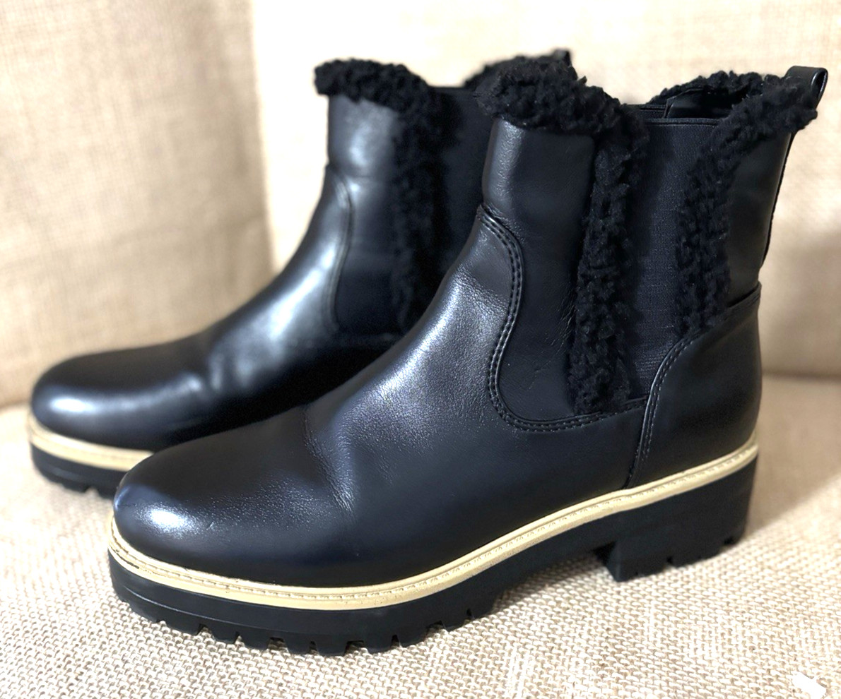 Marc Fisher Women’s Leather Ankle Boot Sz 8M Faux Fur Low Heel Pull On
