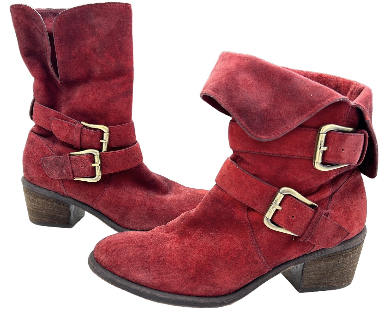DONALD PLINER Moto Boots SIZE 6.5 Mid Calf Distressed Red Suede Buckle Fold Over