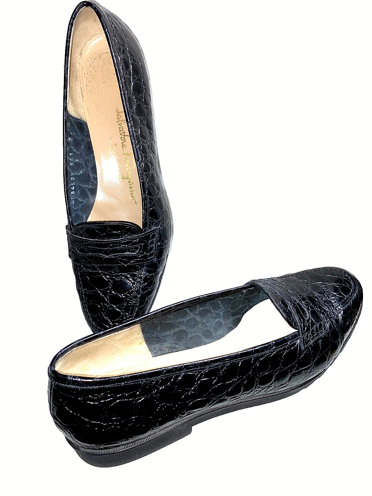 Salvatore Ferragamo Black Womens Dress Shoes Embossed Leather Size 9 c ITALY