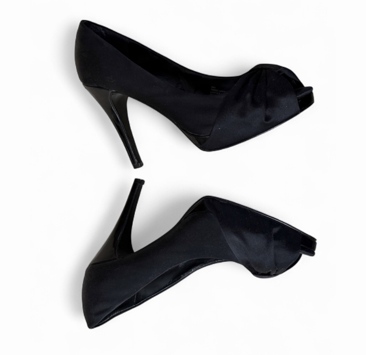 White House Black Market Black Satin Peep Toe Bow Pumps Leather Sole 7.5M