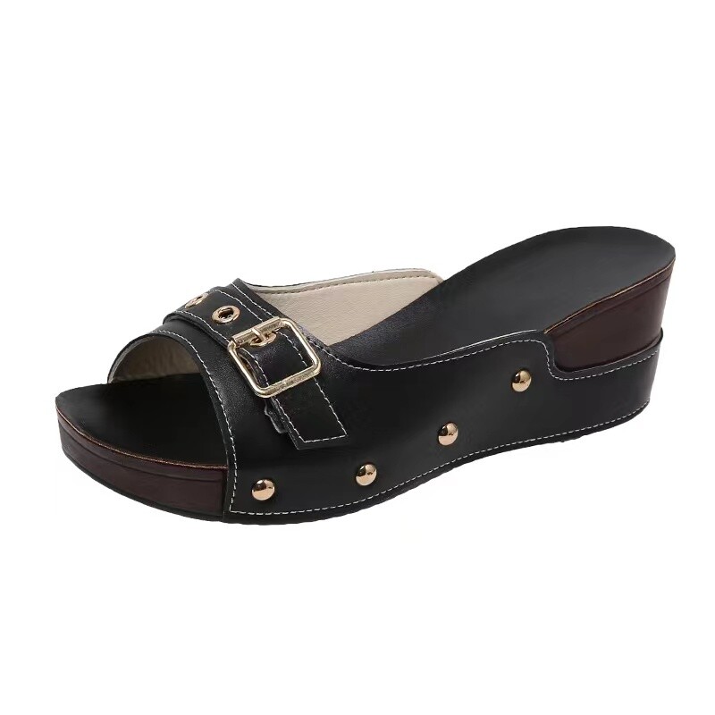 Sandalias De Cuña Con Tacón Para Mujer Zapatos De Playa Chanclas De Verano Cuero