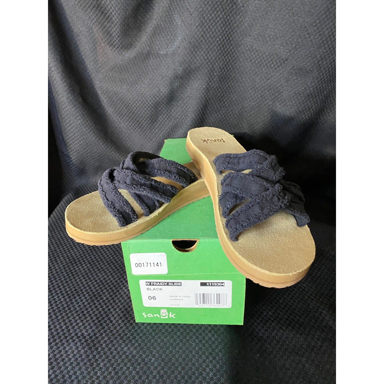 Sanuk W Fraidy Slide Black Frayed Fabric Sandals Women’s Size 7 NEW