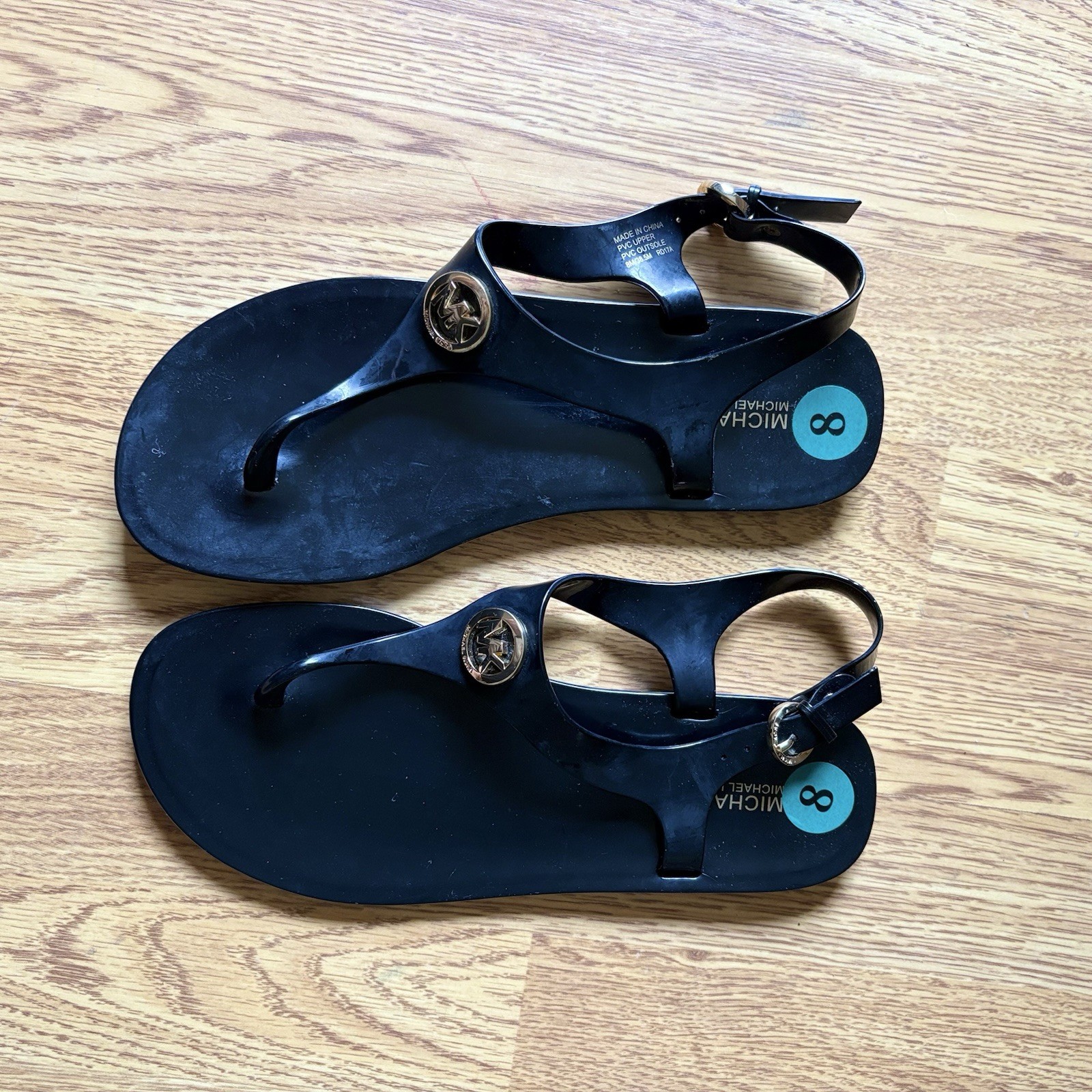 MICHAEL Michael Kors Black PVC Thong Ankle Strap Buckle Logo Sandals Sz 8M