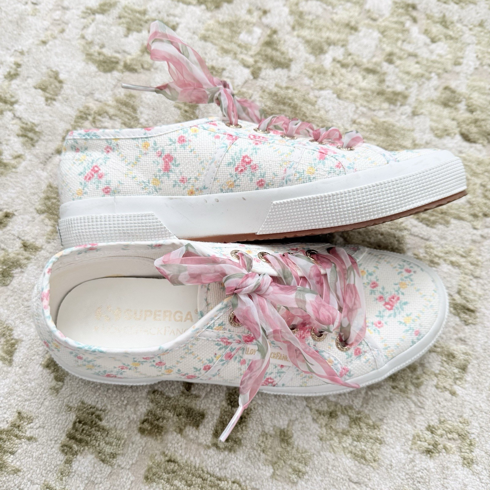 Superga x LoveShackFancy Floral Ribbon Sneakers Size 37 White Pink