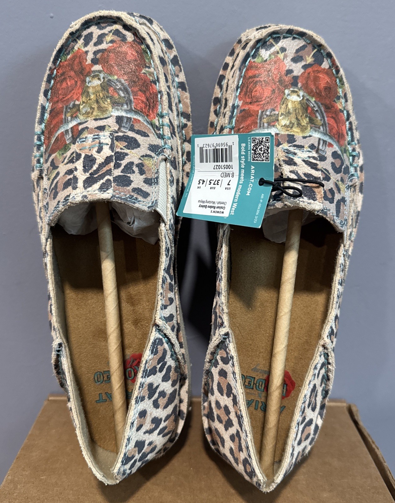Ariat Cruiser Rodeo Quincy Women’s 7 Slip-On Cheetah Steer Roses Western Cowboy