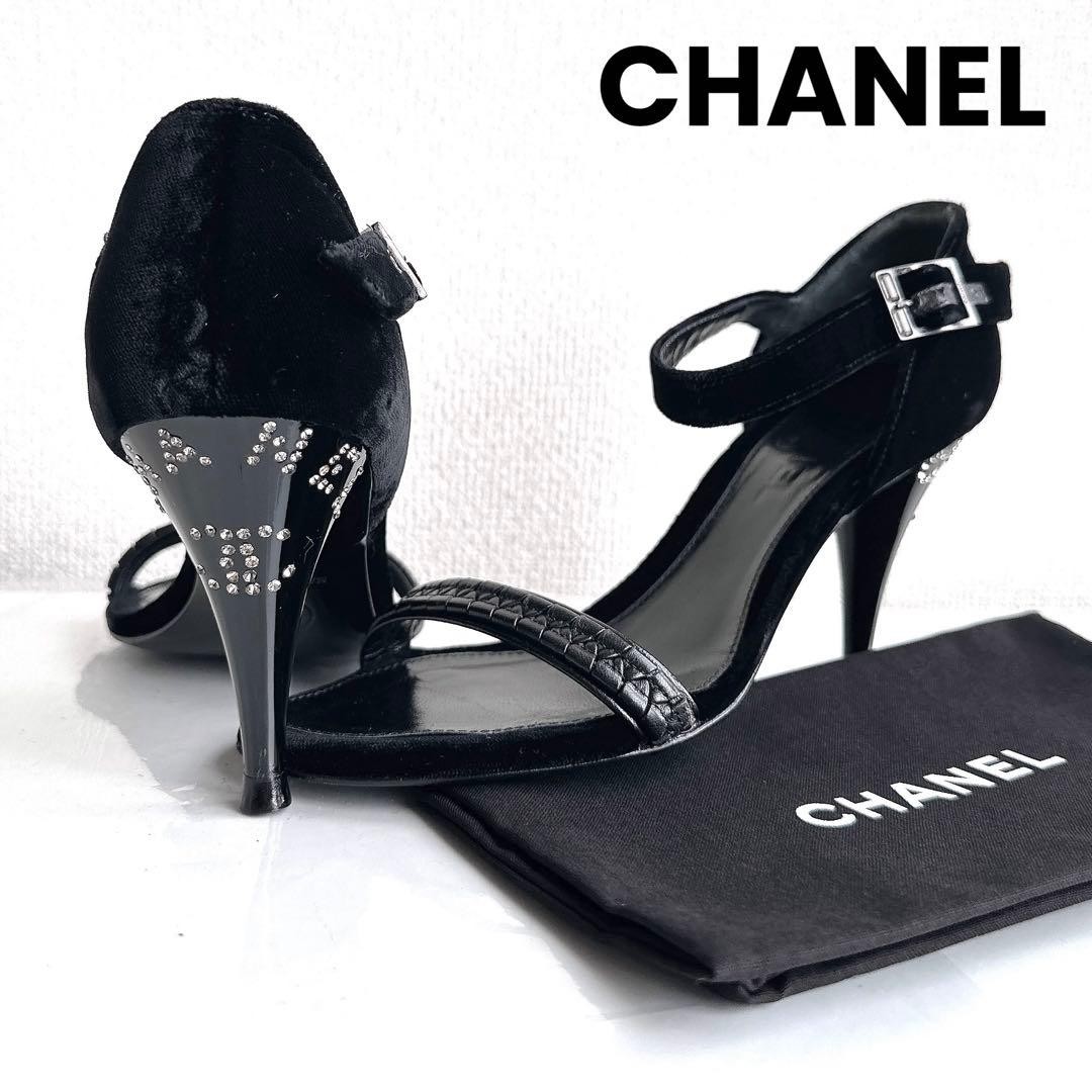 CHANEL Sandals 35.5 Black Velvet Crystal Logo Open Toe Heels 7cm