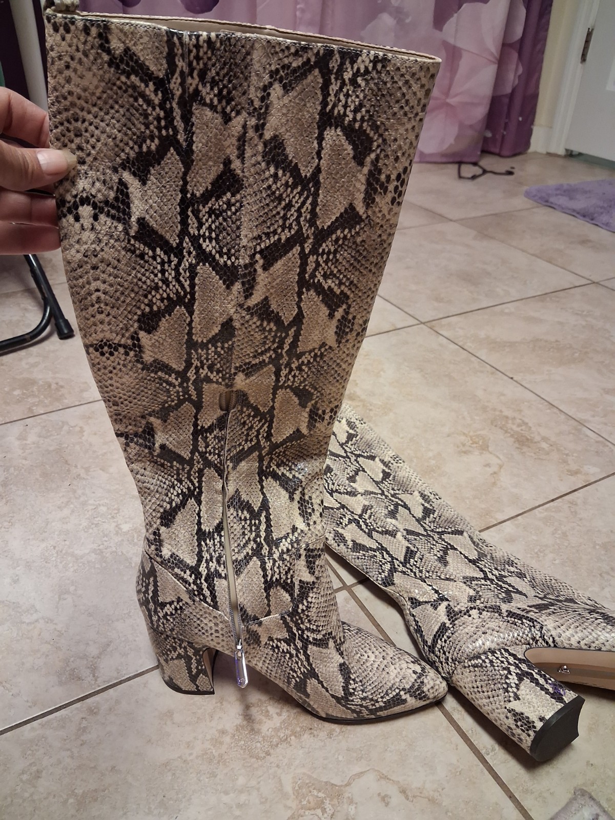 Sam Edelman Women’s Beige/Black Snake Print Knee-High Pointed Toe Zip Boots 6